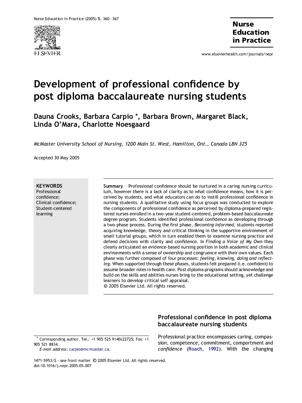 Development of professional confidence by post diploma baccalaureate nursing students