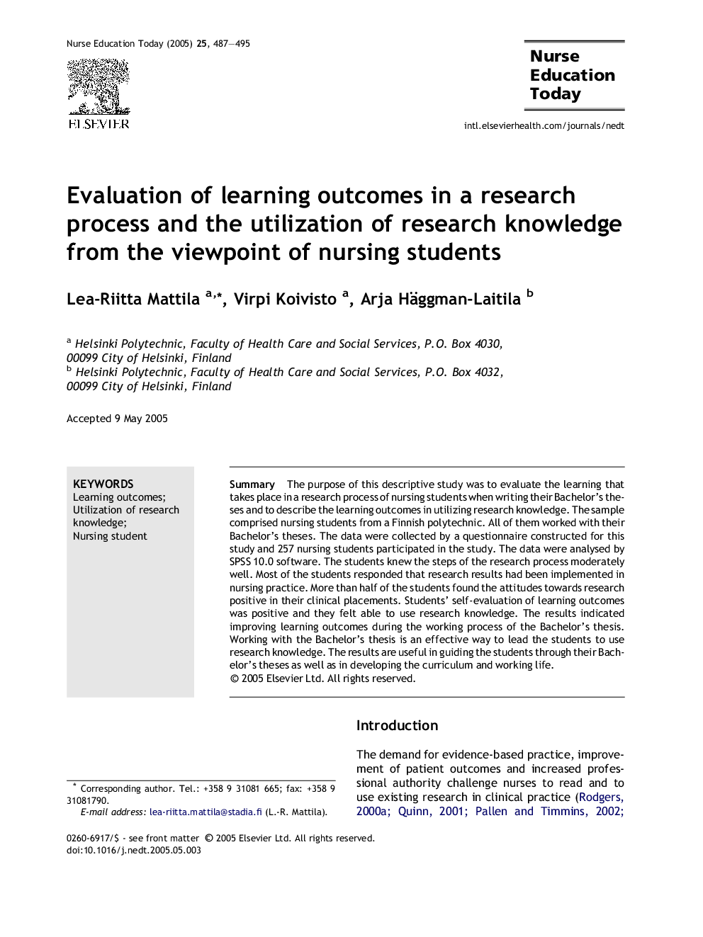 Evaluation of learning outcomes in a research process and the utilization of research knowledge from the viewpoint of nursing students