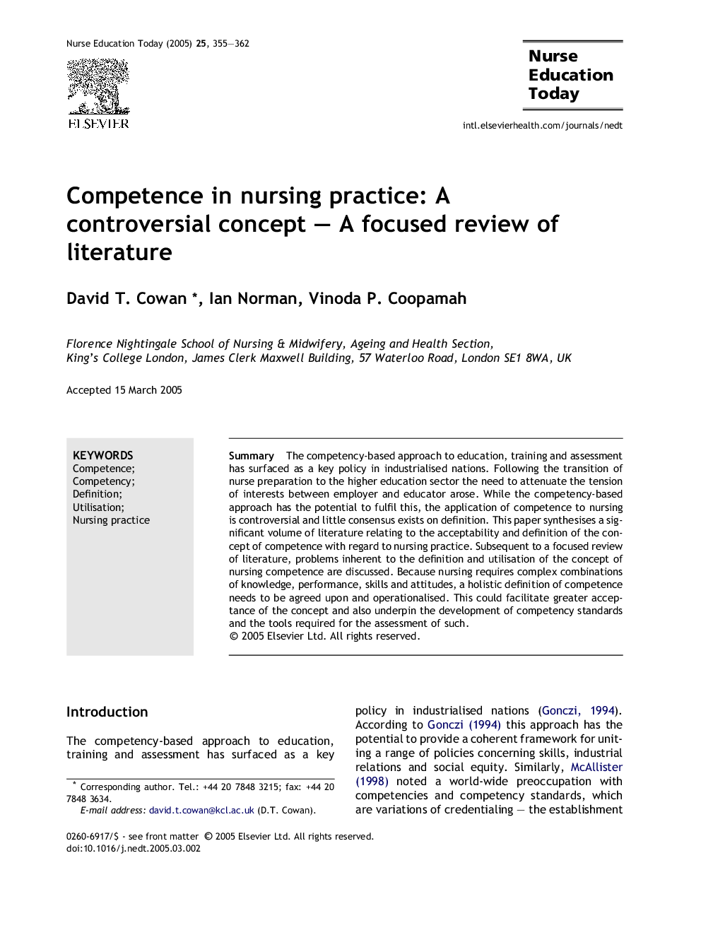 Competence in nursing practice: A controversial concept - A focused review of literature