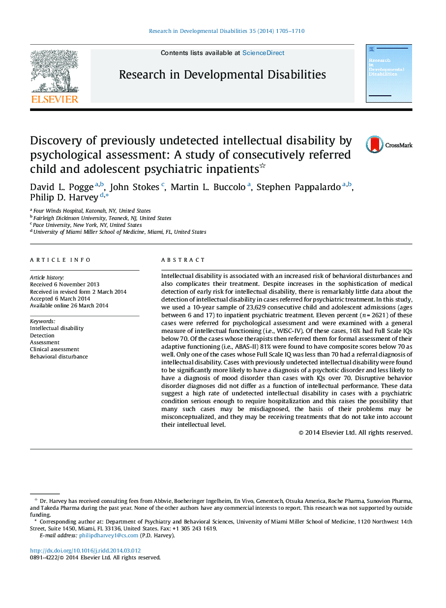 کشف معلولیت فکری که قبلا شناسایی نشده است، توسط ارزیابی روانشناختی انجام شده است: مطالعه در مورد بیماران مراجعه کننده به مراکز درمانی کودکان و نوجوانان مراجعه کننده 