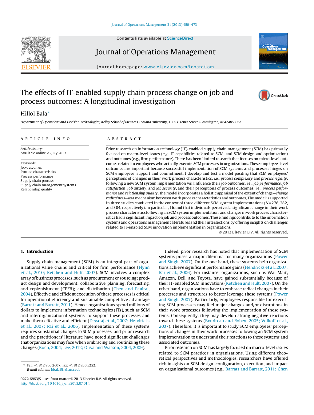 The effects of IT-enabled supply chain process change on job and process outcomes: A longitudinal investigation