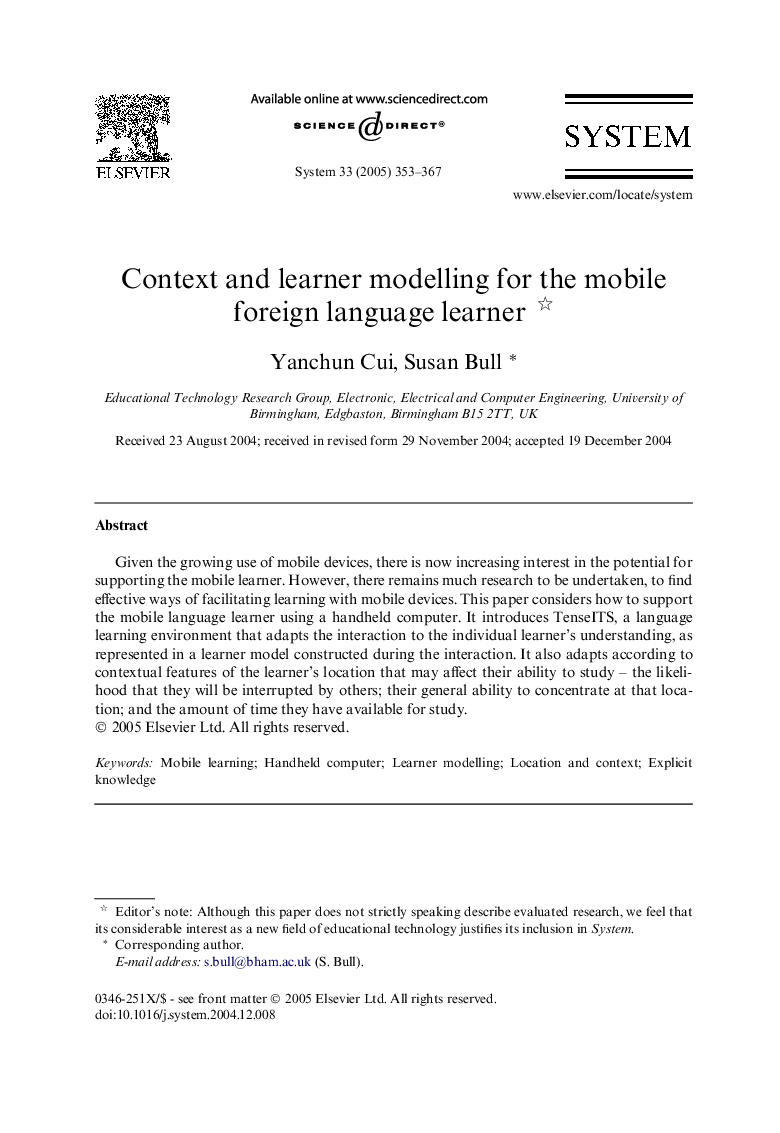 Context and learner modelling for the mobile foreign language learner