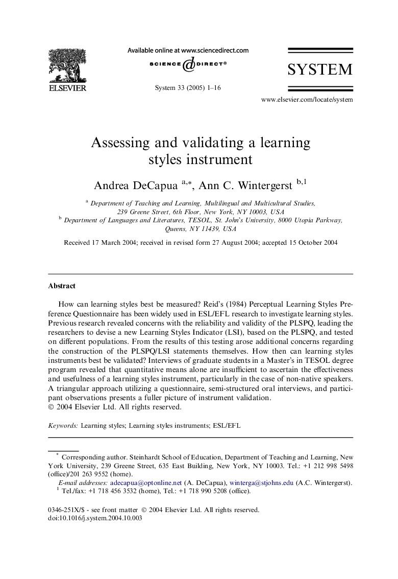 Assessing and validating a learning styles instrument
