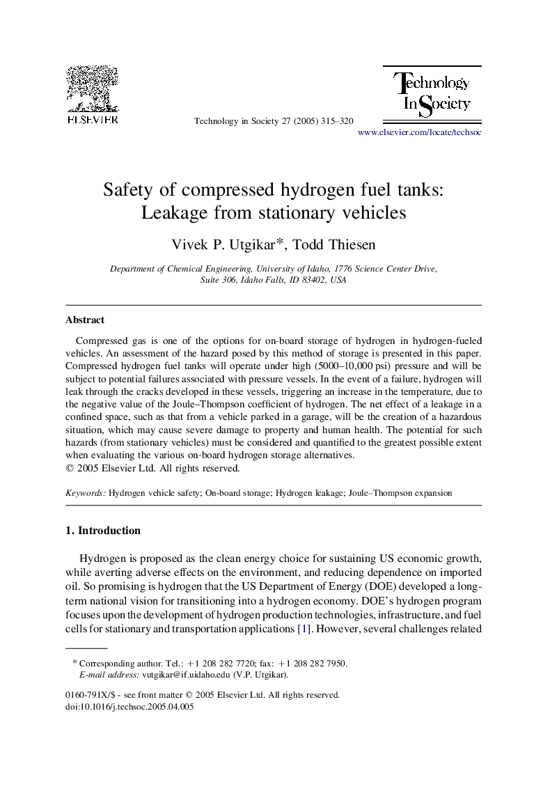 Safety of compressed hydrogen fuel tanks: Leakage from stationary vehicles