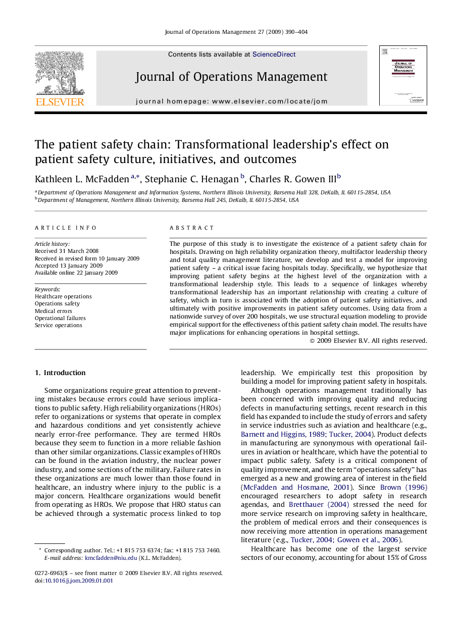 The patient safety chain: Transformational leadership's effect on patient safety culture, initiatives, and outcomes