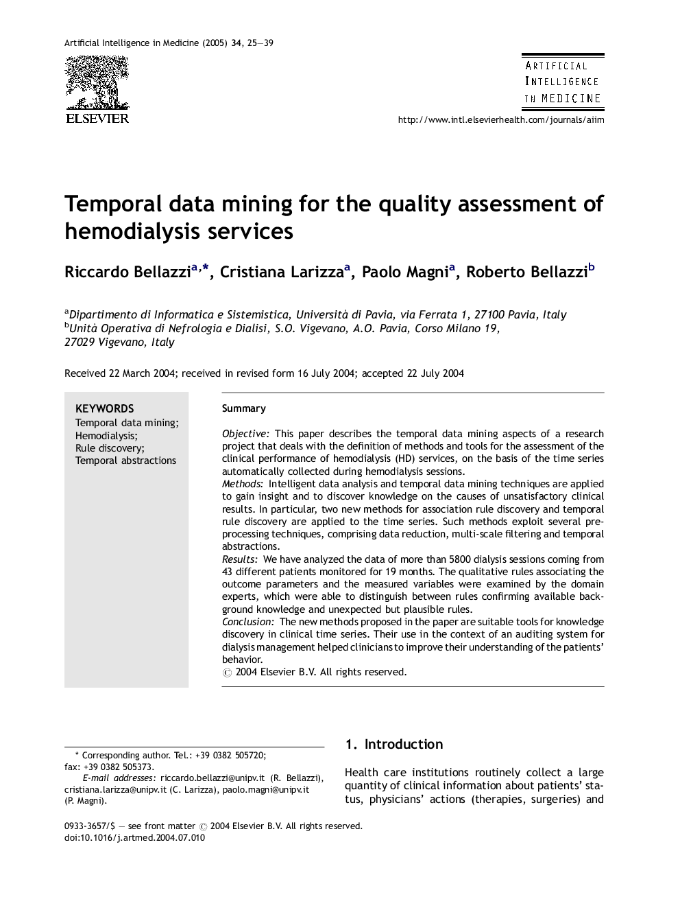 Temporal data mining for the quality assessment of hemodialysis services