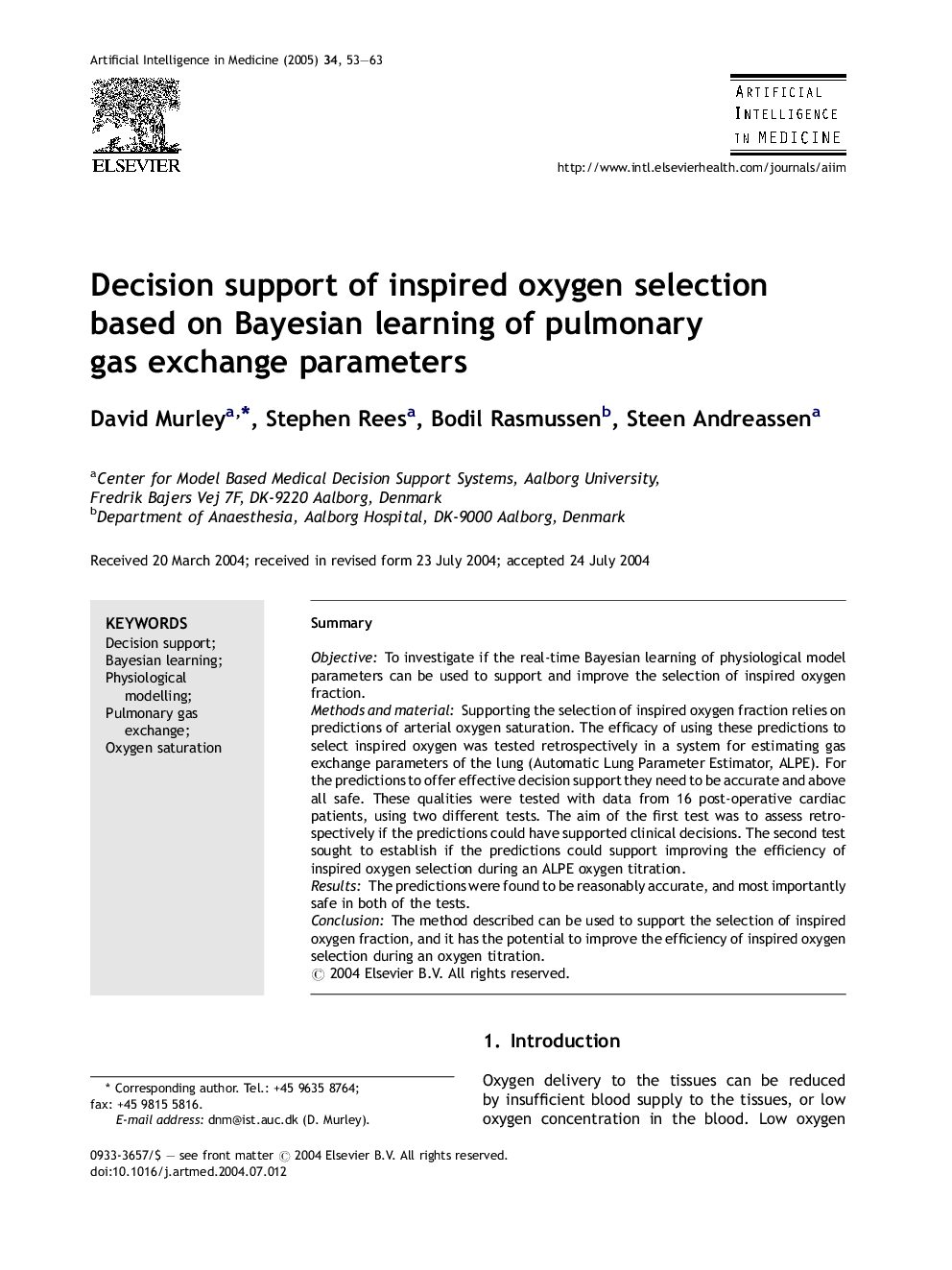 Decision support of inspired oxygen selection based on Bayesian learning of pulmonary gas exchange parameters