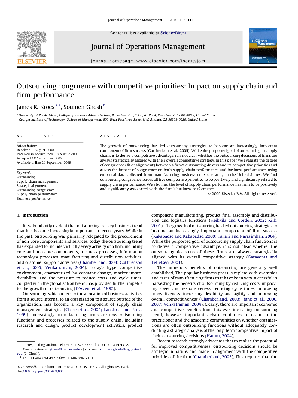 Outsourcing congruence with competitive priorities: Impact on supply chain and firm performance