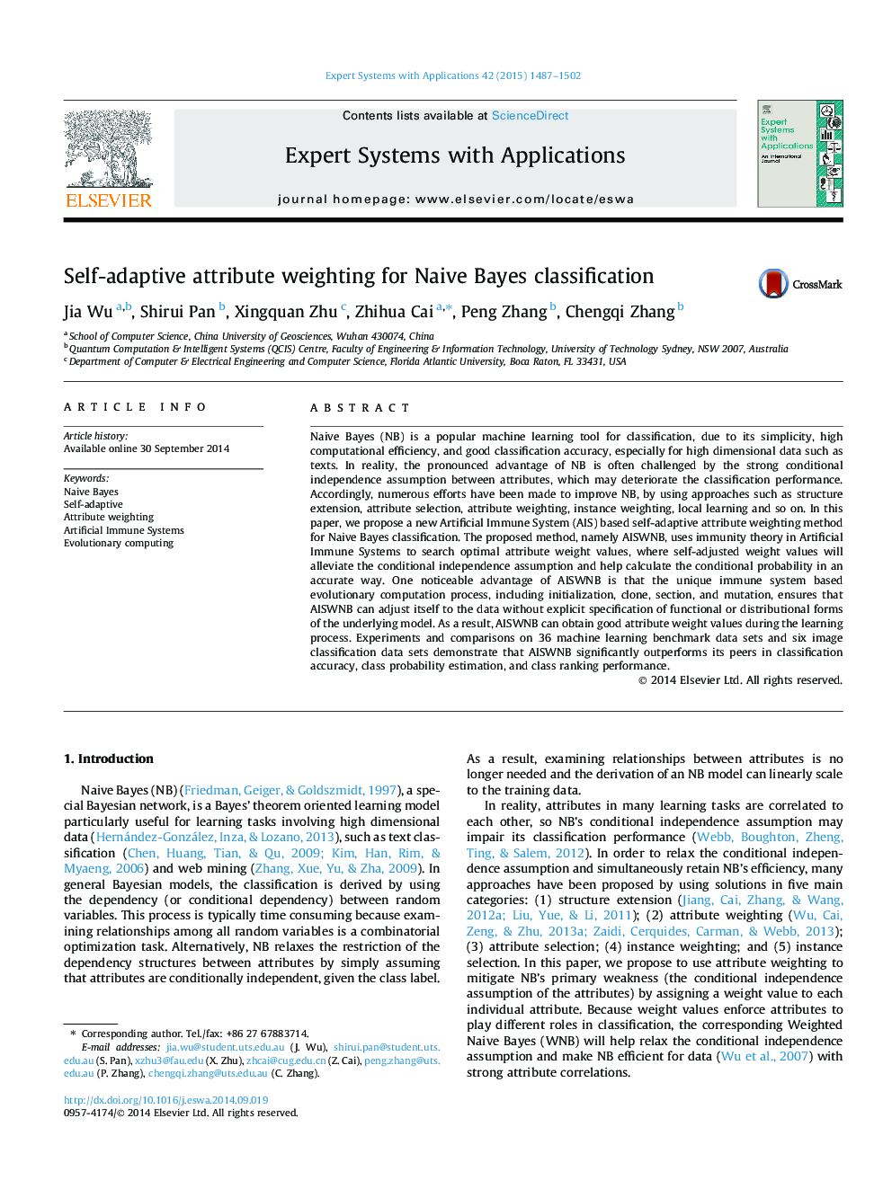 Self-adaptive attribute weighting for Naive Bayes classification