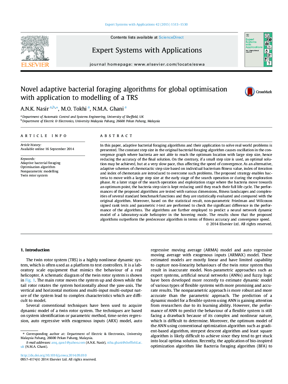 Novel adaptive bacterial foraging algorithms for global optimisation with application to modelling of a TRS