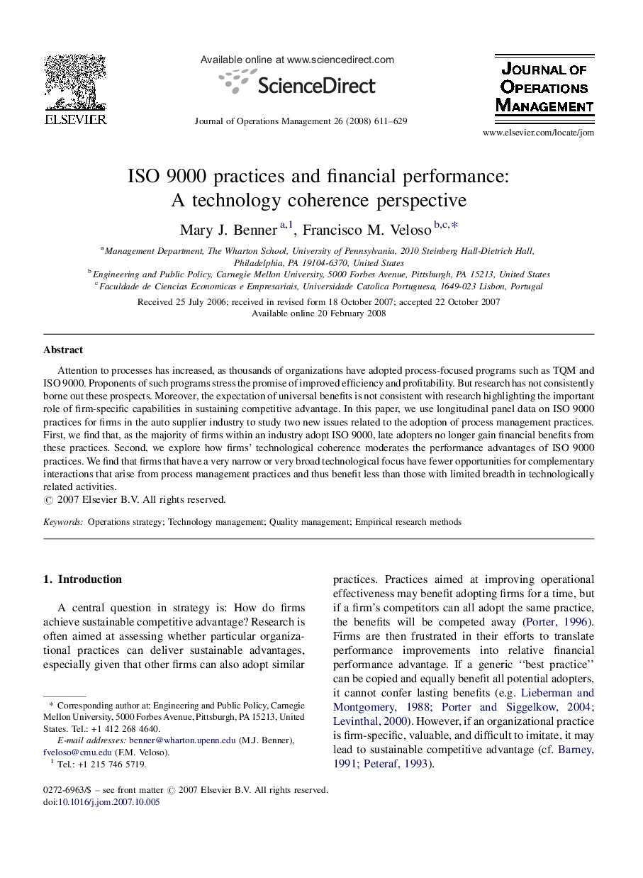 ISO 9000 practices and financial performance: A technology coherence perspective