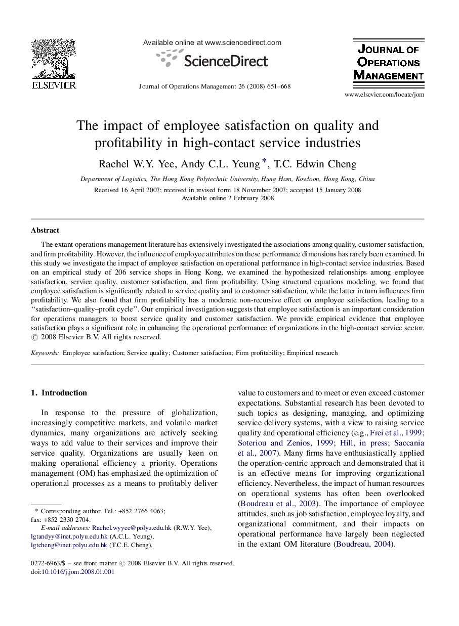 The impact of employee satisfaction on quality and profitability in high-contact service industries