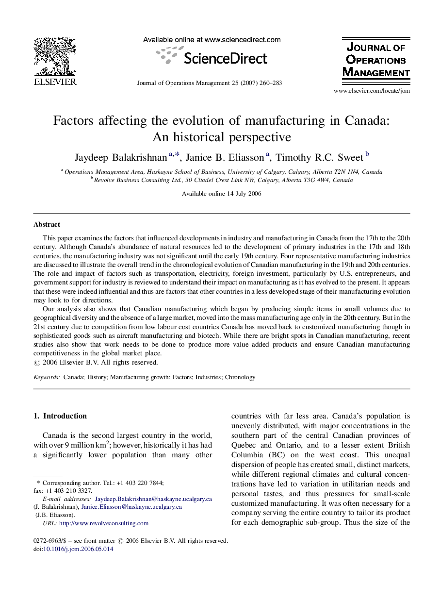 Factors affecting the evolution of manufacturing in Canada: An historical perspective