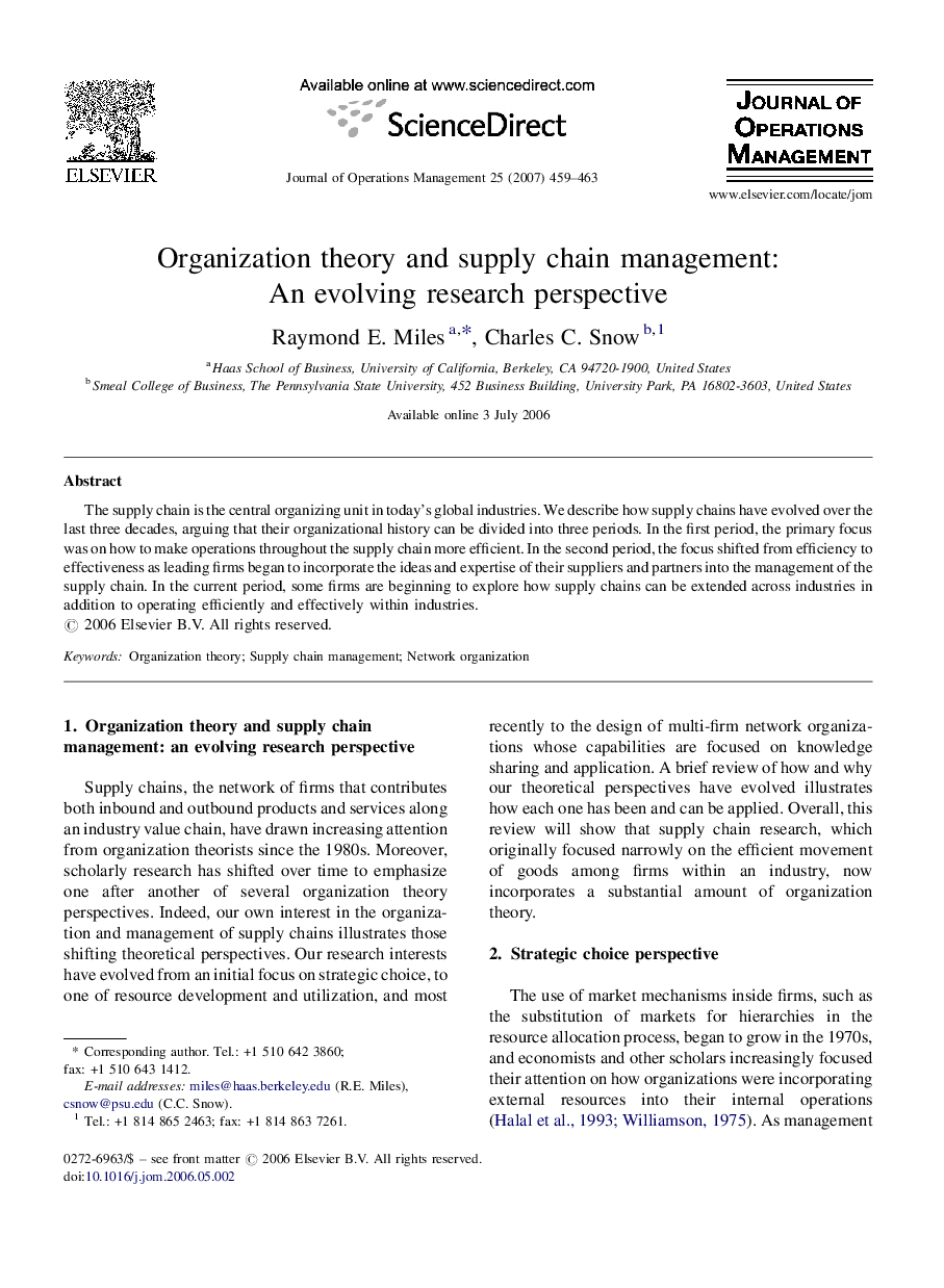 Organization theory and supply chain management: An evolving research perspective