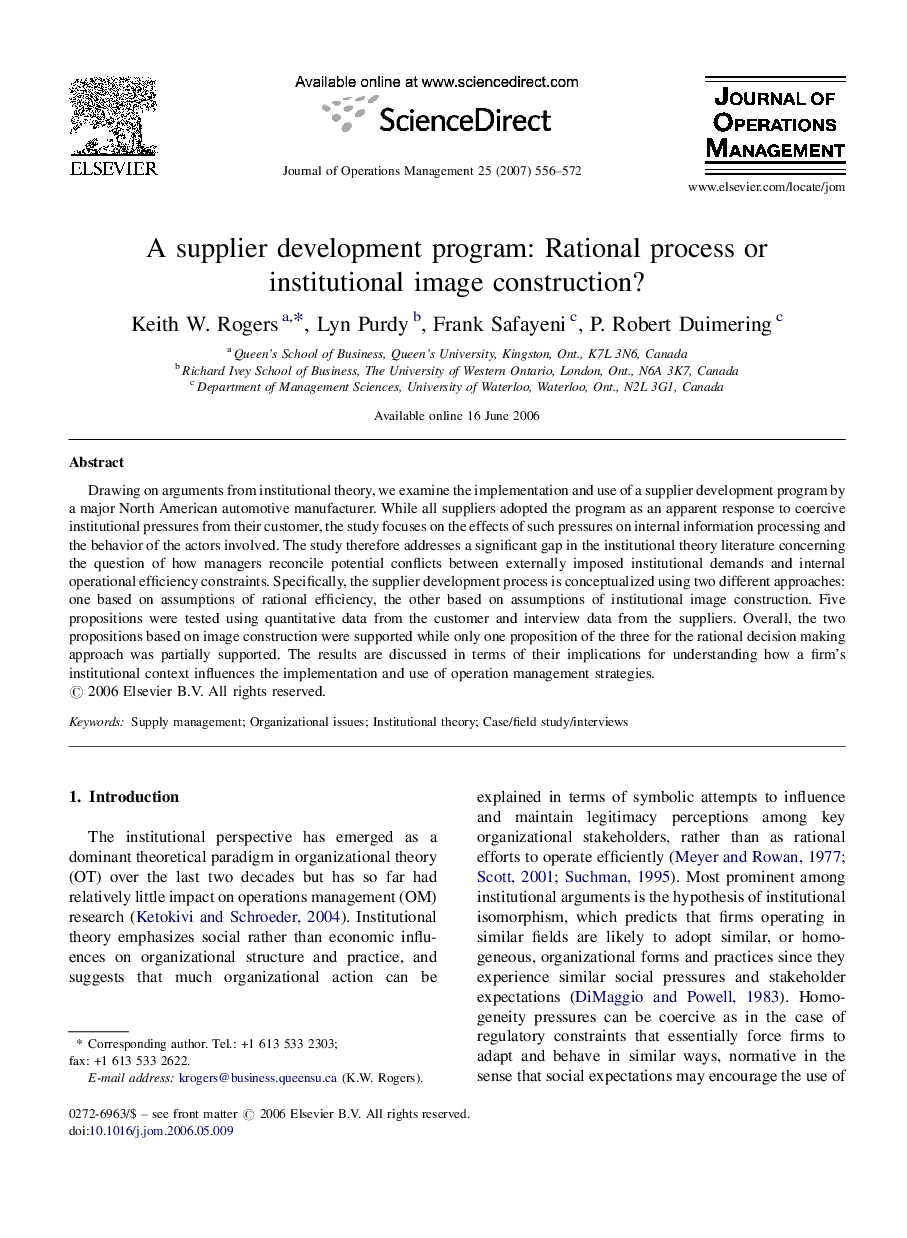 A supplier development program: Rational process or institutional image construction?