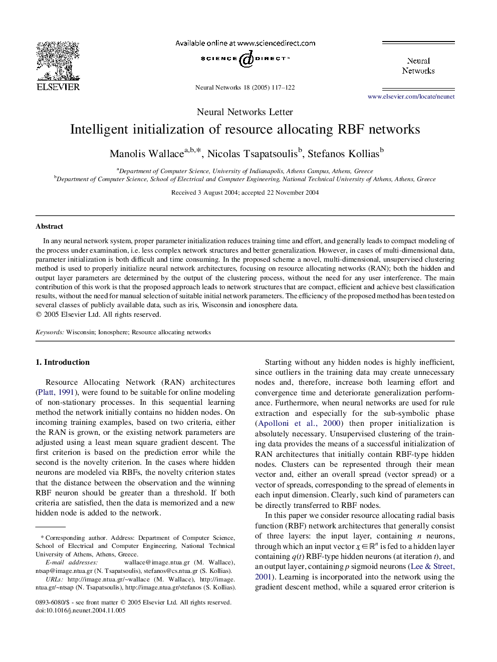 Intelligent initialization of resource allocating RBF networks