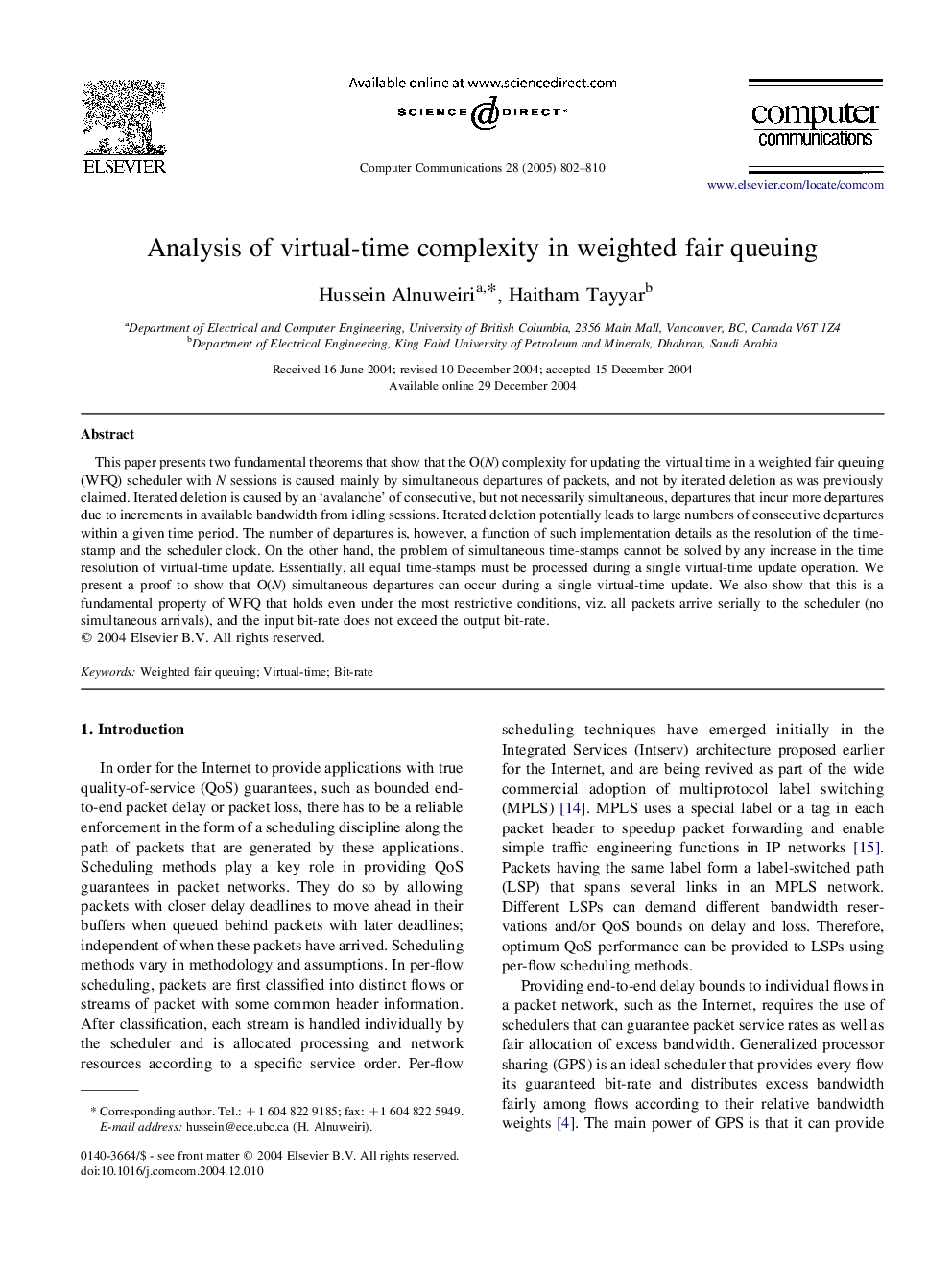 Analysis of virtual-time complexity in weighted fair queuing