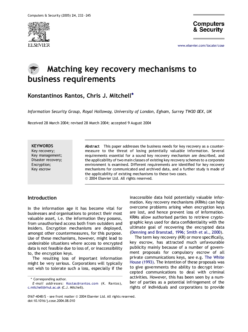 Matching key recovery mechanisms to business requirements