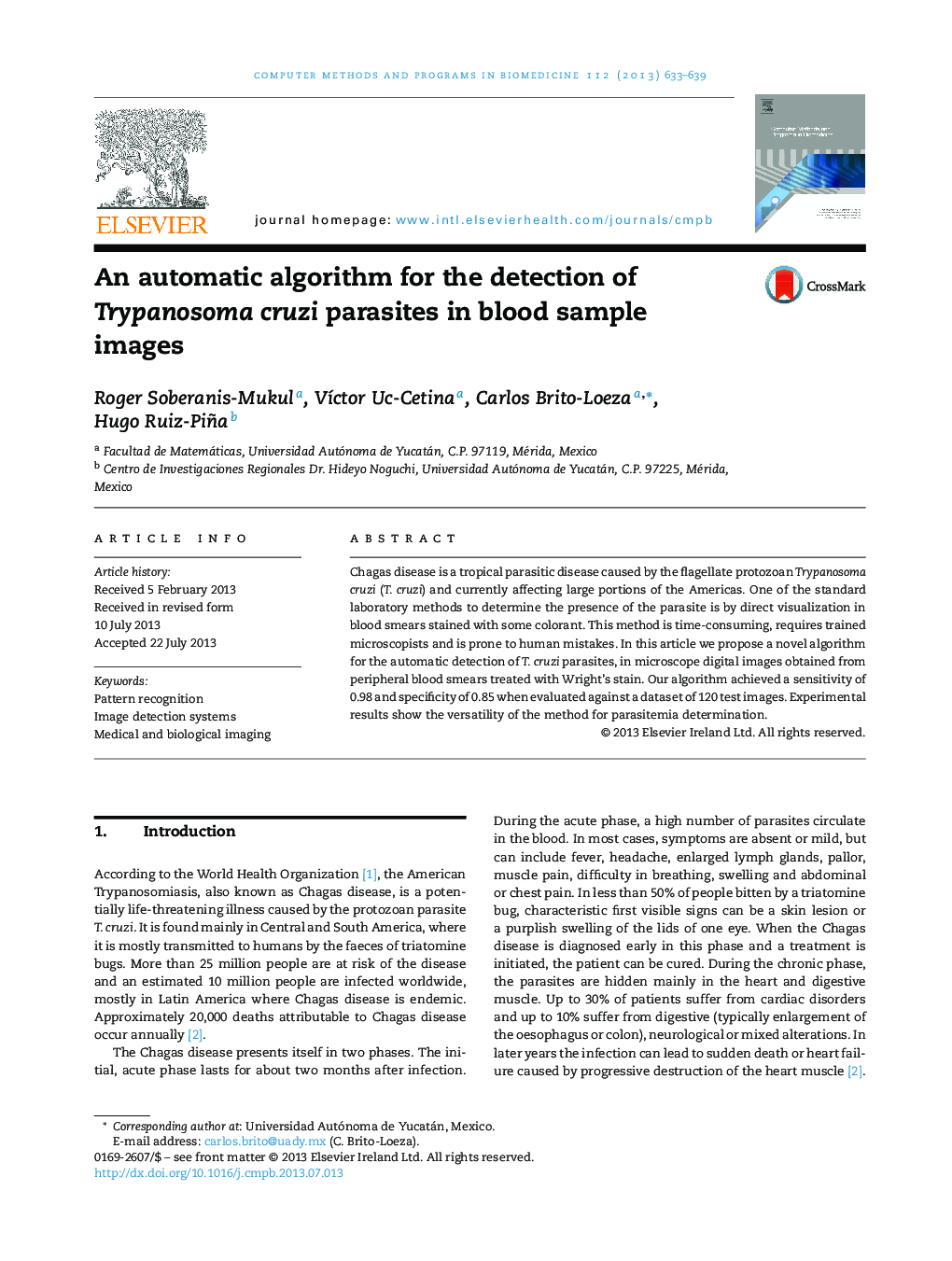 An automatic algorithm for the detection of Trypanosoma cruzi parasites in blood sample images
