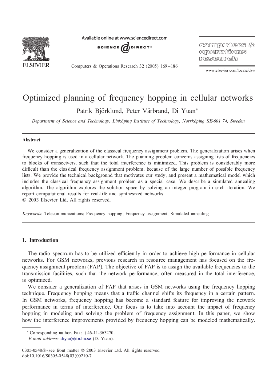 Optimized planning of frequency hopping in cellular networks