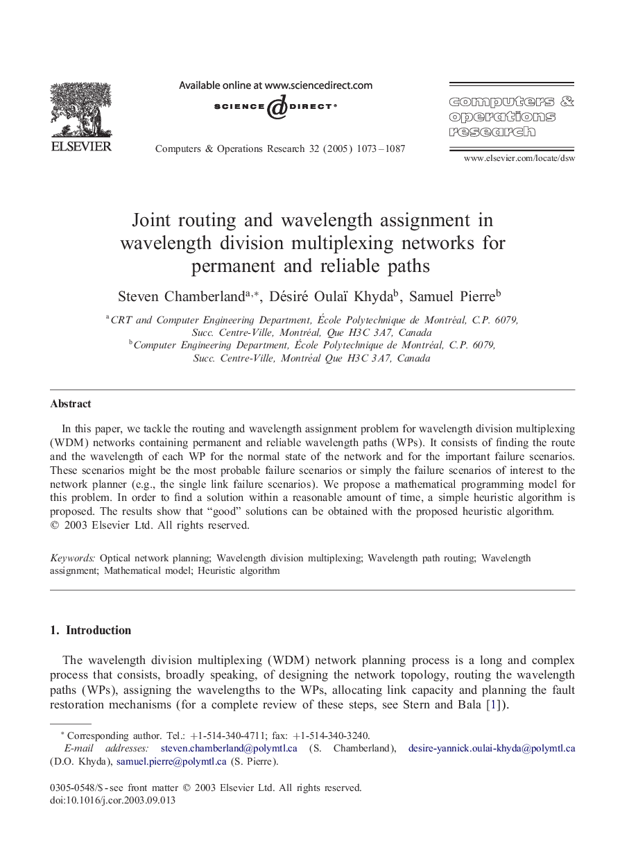 Joint routing and wavelength assignment in wavelength division multiplexing networks for permanent and reliable paths