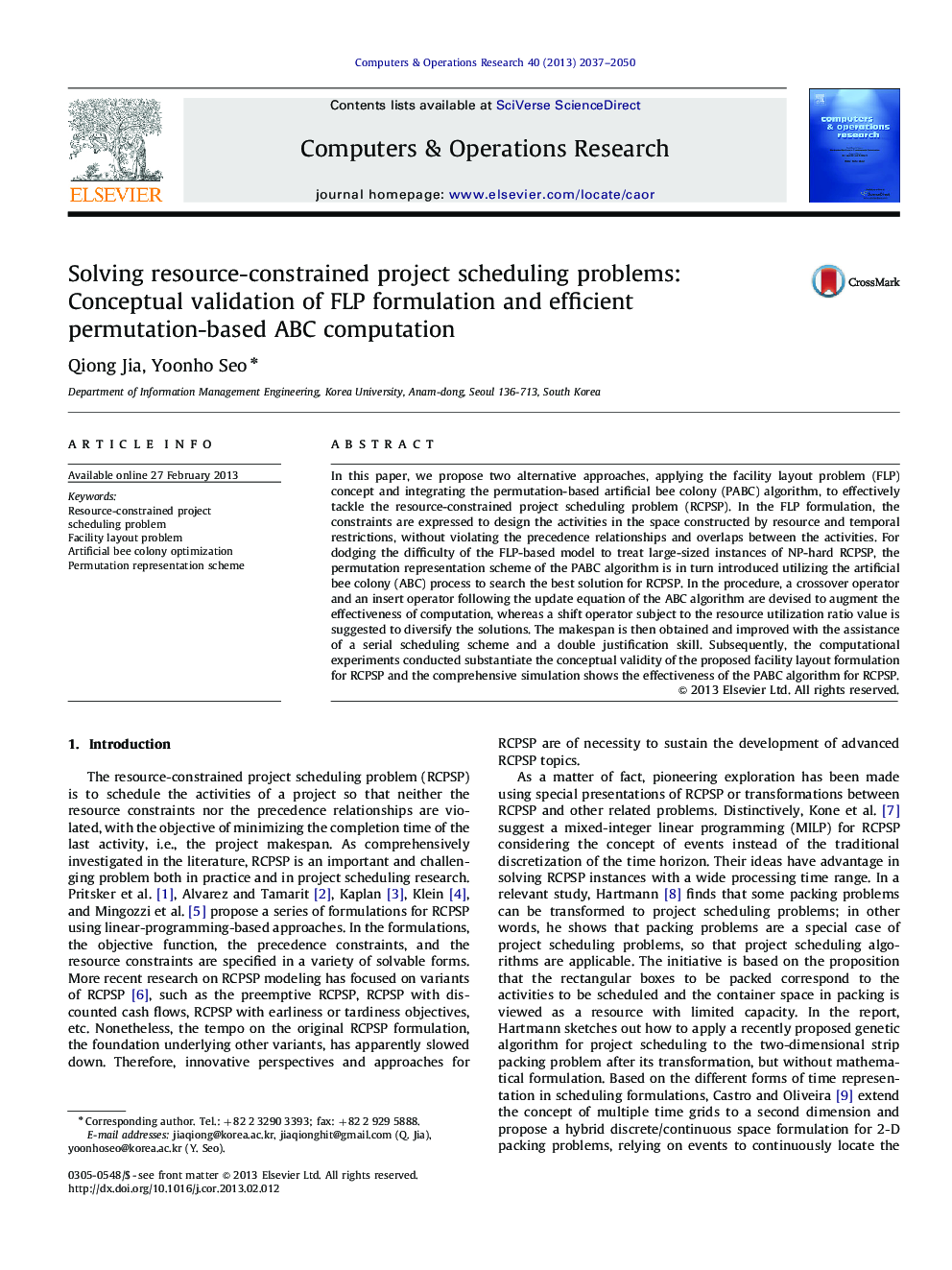 Solving resource-constrained project scheduling problems: Conceptual validation of FLP formulation and efficient permutation-based ABC computation