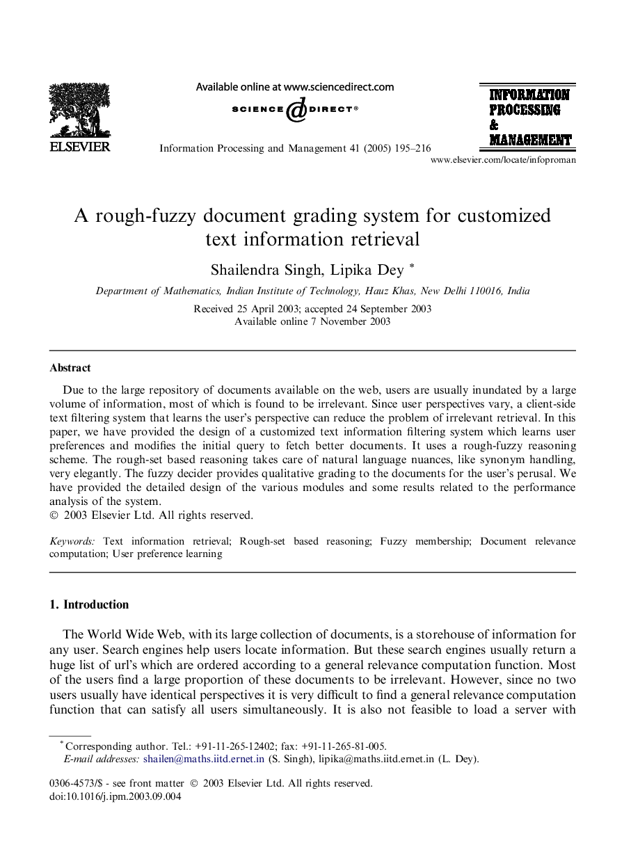 A rough-fuzzy document grading system for customized text information retrieval