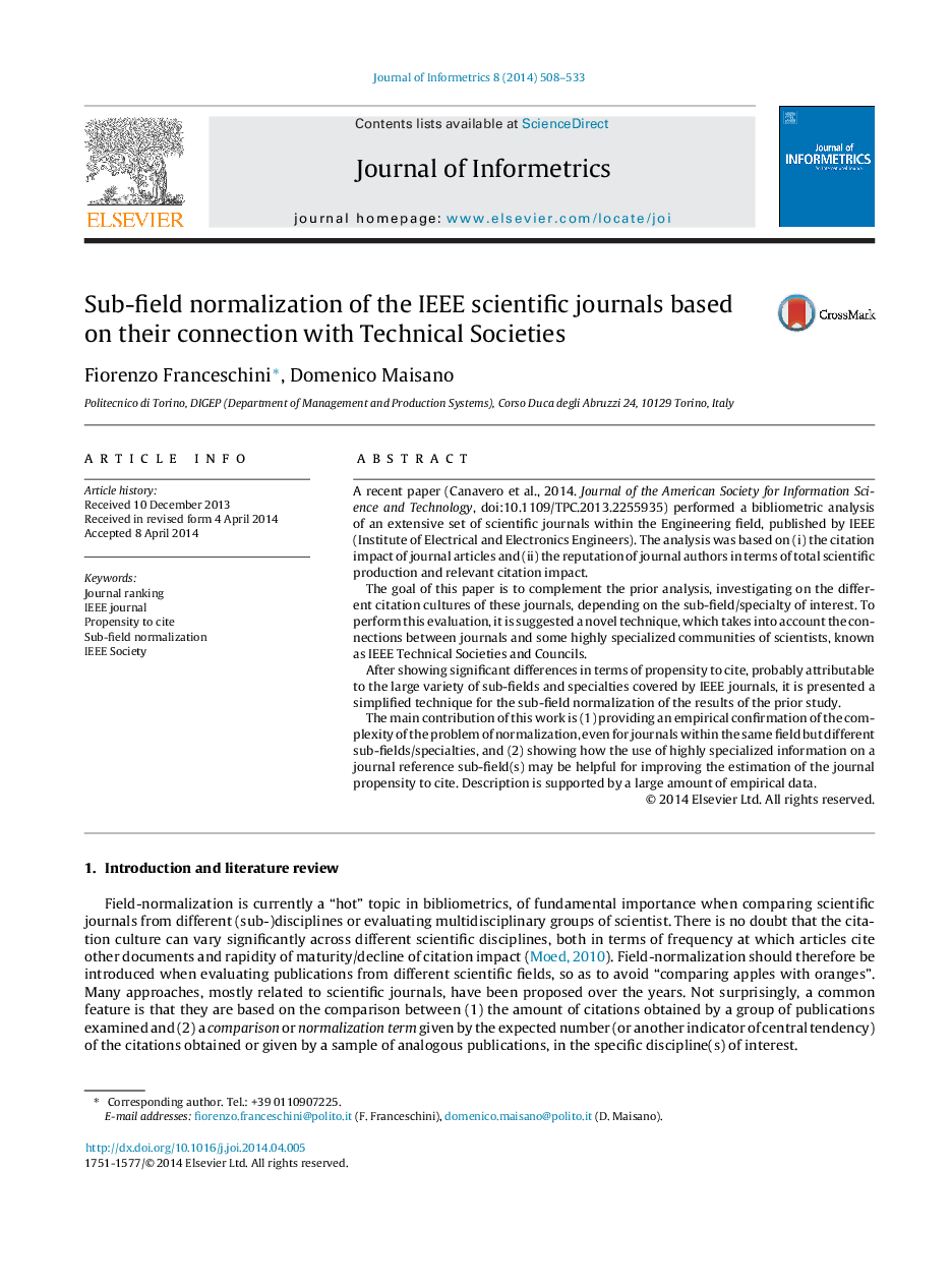 Sub-field normalization of the IEEE scientific journals based on their connection with Technical Societies