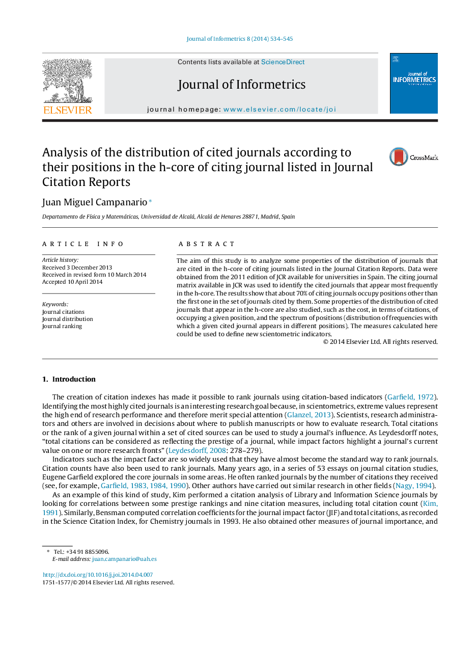 Analysis of the distribution of cited journals according to their positions in the h-core of citing journal listed in Journal Citation Reports