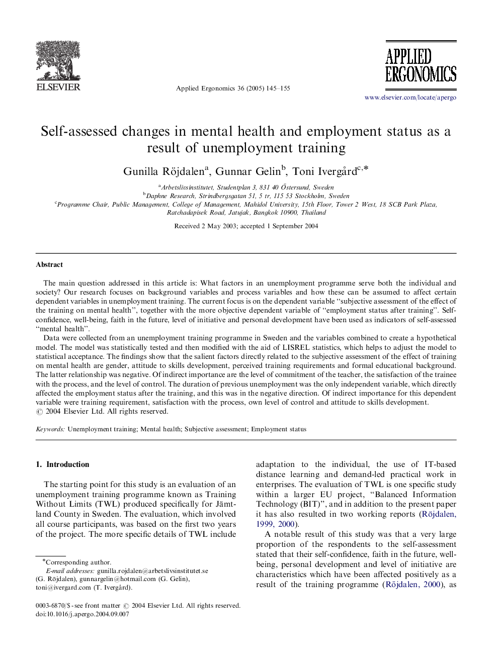 Self-assessed changes in mental health and employment status as a result of unemployment training
