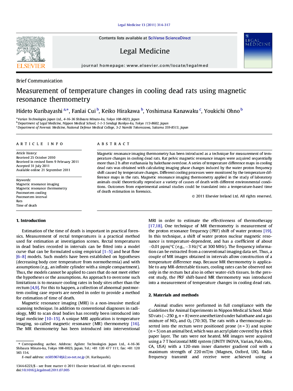 Measurement of temperature changes in cooling dead rats using magnetic resonance thermometry