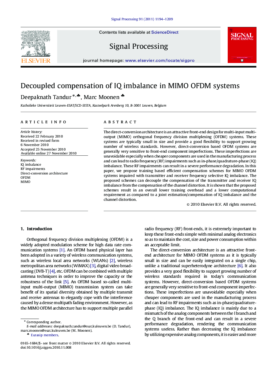Decoupled compensation of IQ imbalance in MIMO OFDM systems