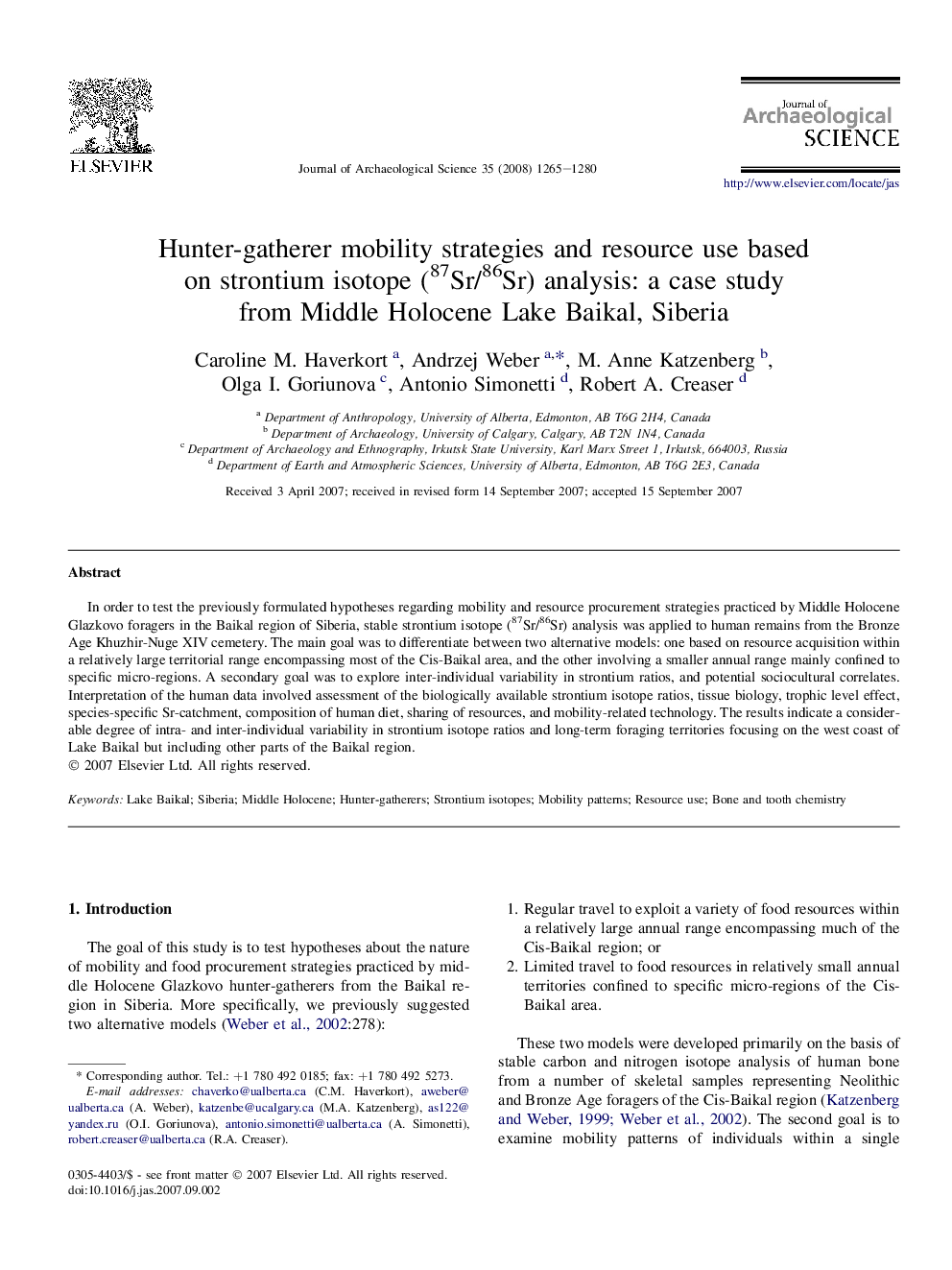 Hunter-gatherer mobility strategies and resource use based on strontium isotope (87Sr/86Sr) analysis: a case study from Middle Holocene Lake Baikal, Siberia