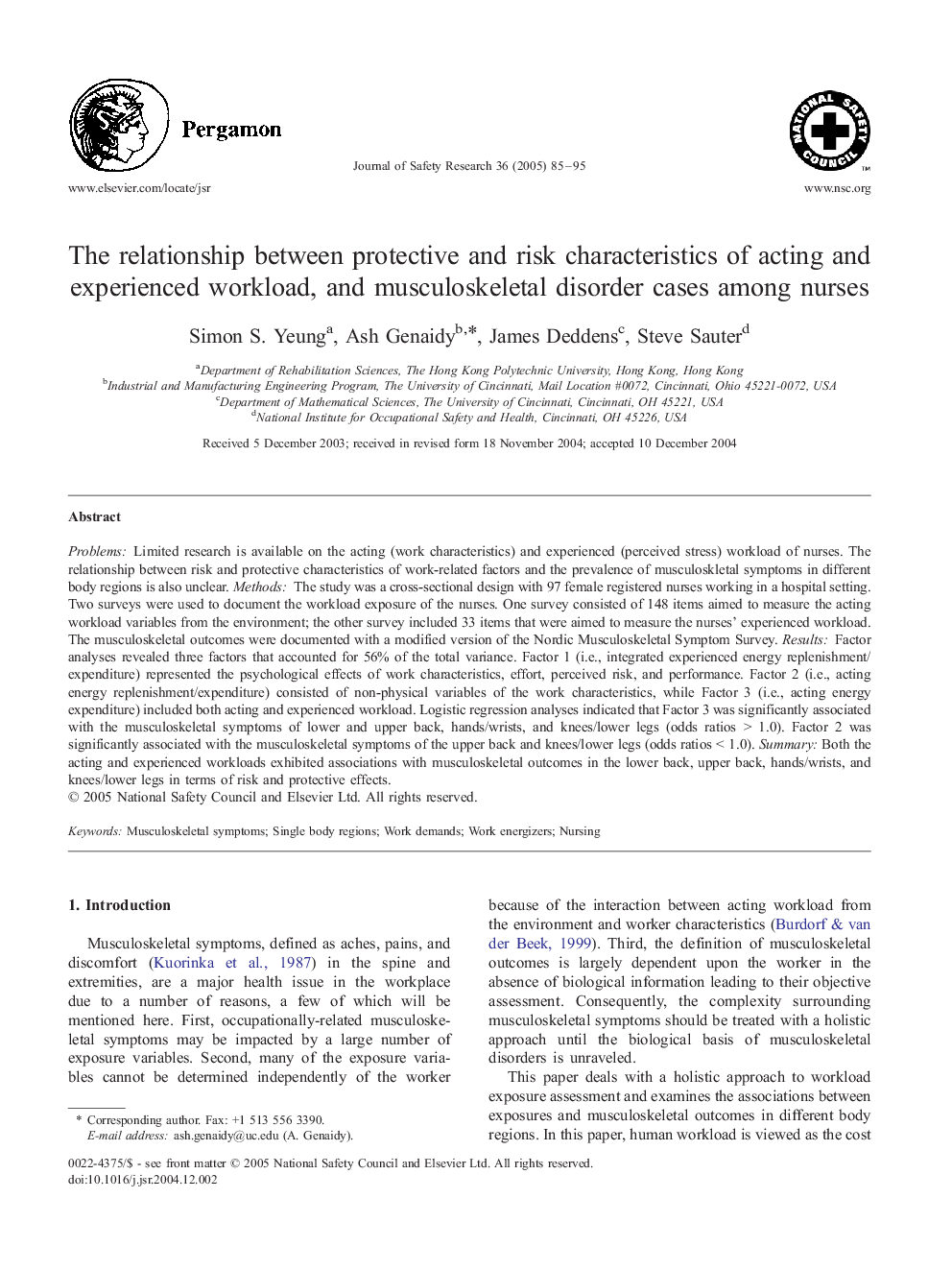 The relationship between protective and risk characteristics of acting and experienced workload, and musculoskeletal disorder cases among nurses