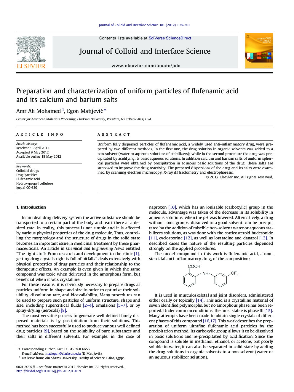 Preparation and characterization of uniform particles of flufenamic acid and its calcium and barium salts