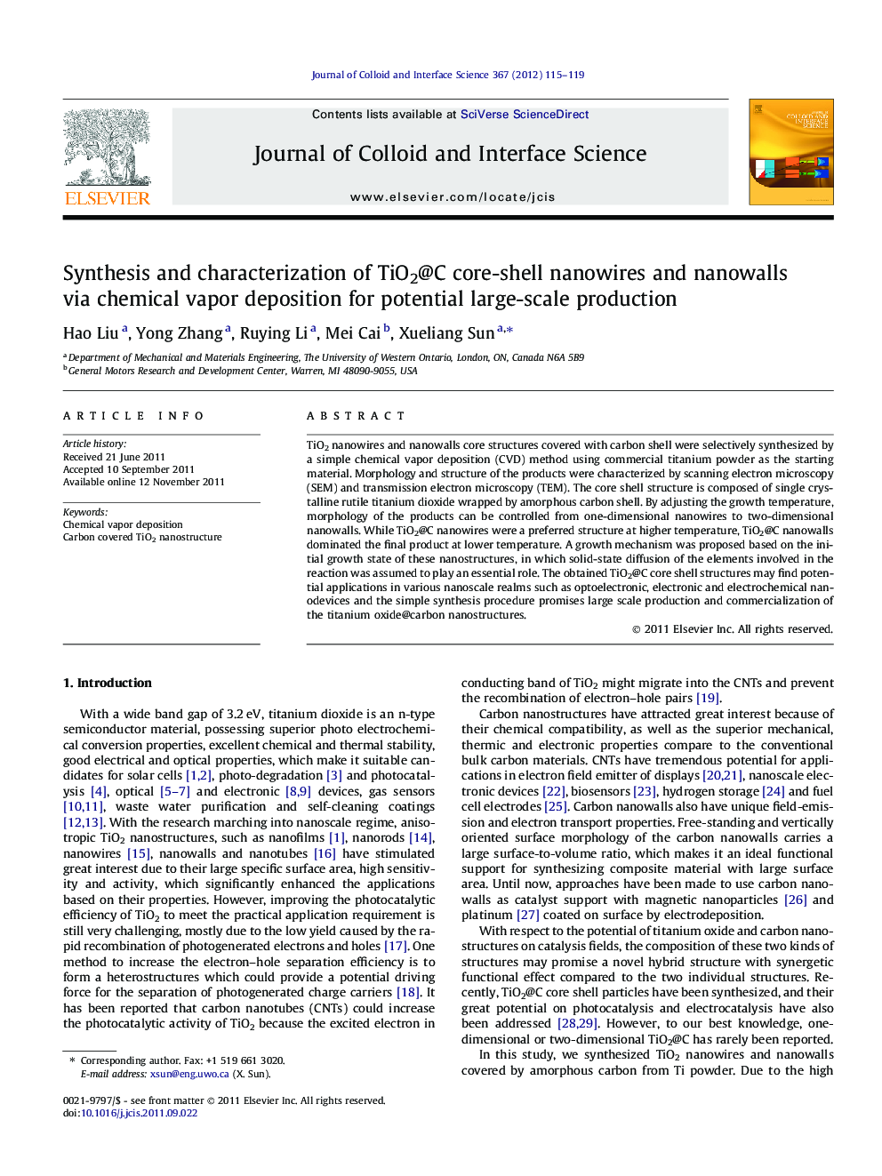 Synthesis and characterization of TiO2@C core-shell nanowires and nanowalls via chemical vapor deposition for potential large-scale production