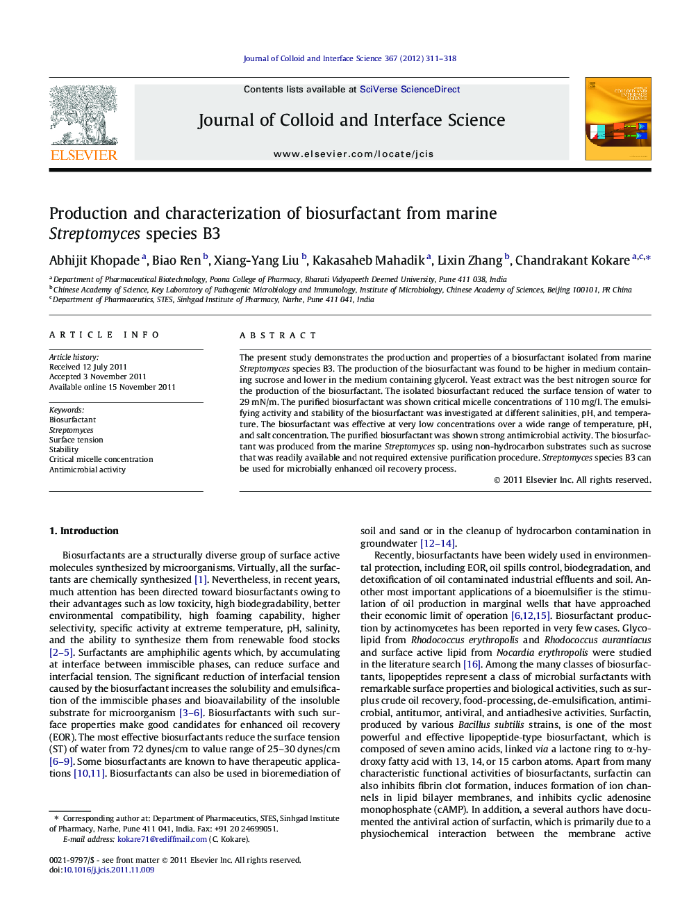 Production and characterization of biosurfactant from marine Streptomyces species B3