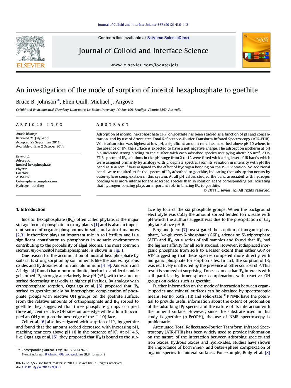 An investigation of the mode of sorption of inositol hexaphosphate to goethite