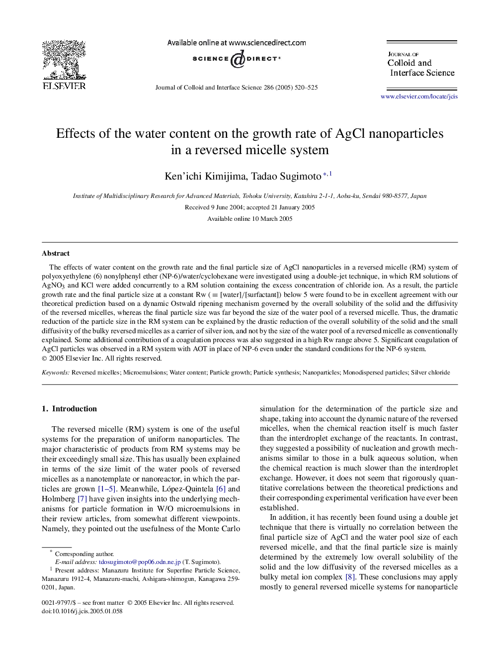 Effects of the water content on the growth rate of AgCl nanoparticles in a reversed micelle system