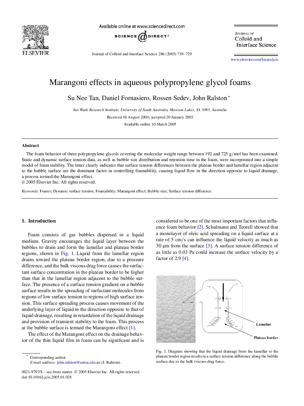 Marangoni effects in aqueous polypropylene glycol foams