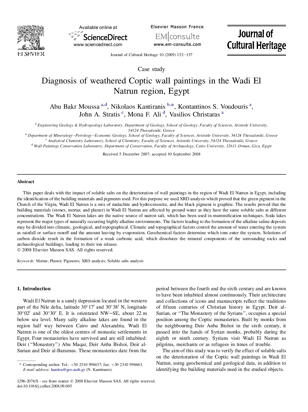 Diagnosis of weathered Coptic wall paintings in the Wadi El Natrun region, Egypt