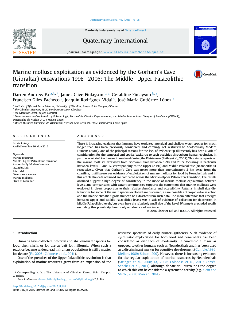 Marine mollusc exploitation as evidenced by the Gorham's Cave (Gibraltar) excavations 1998–2005: The Middle–Upper Palaeolithic transition
