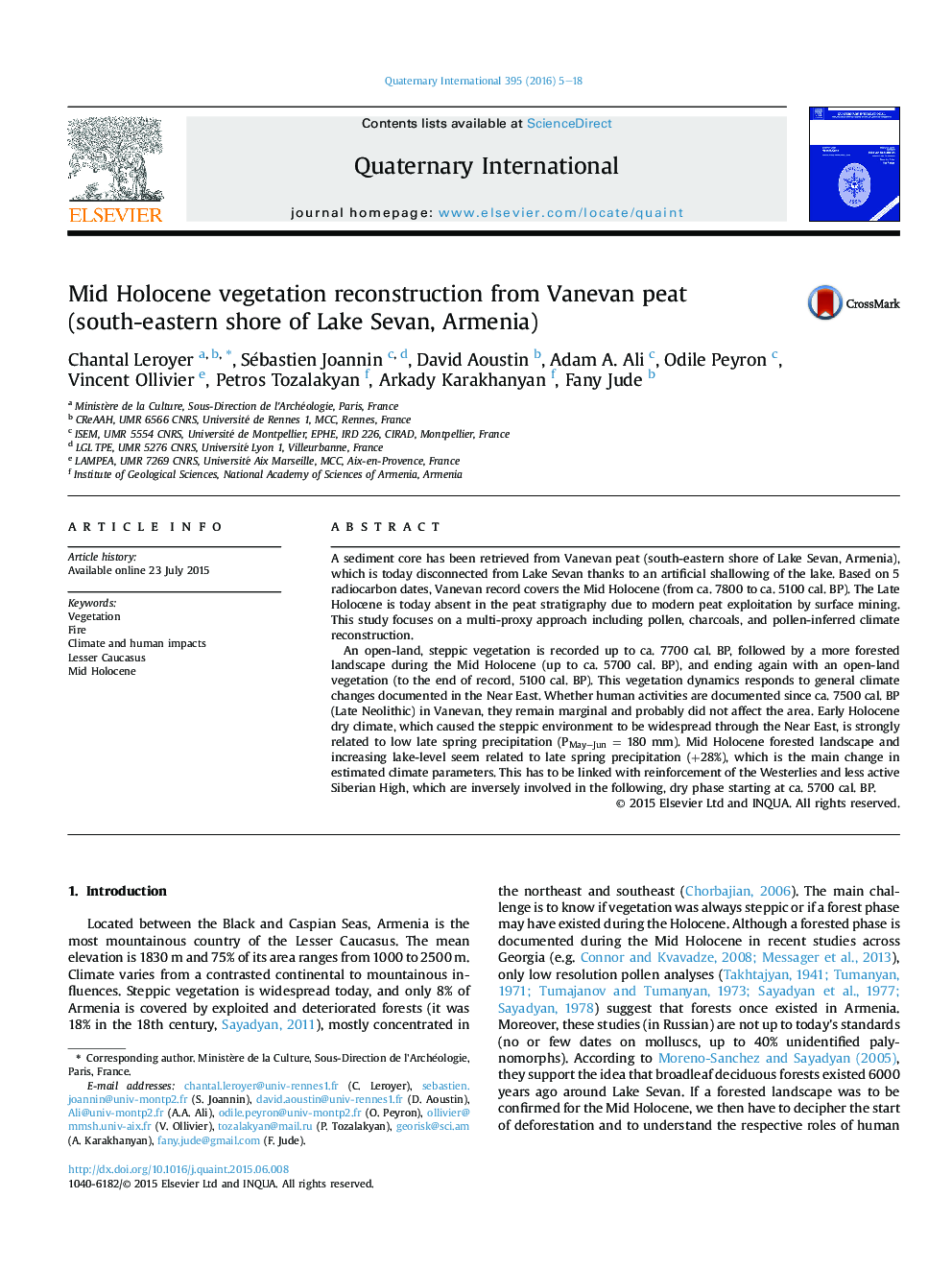 Mid Holocene vegetation reconstruction from Vanevan peat (south-eastern shore of Lake Sevan, Armenia)