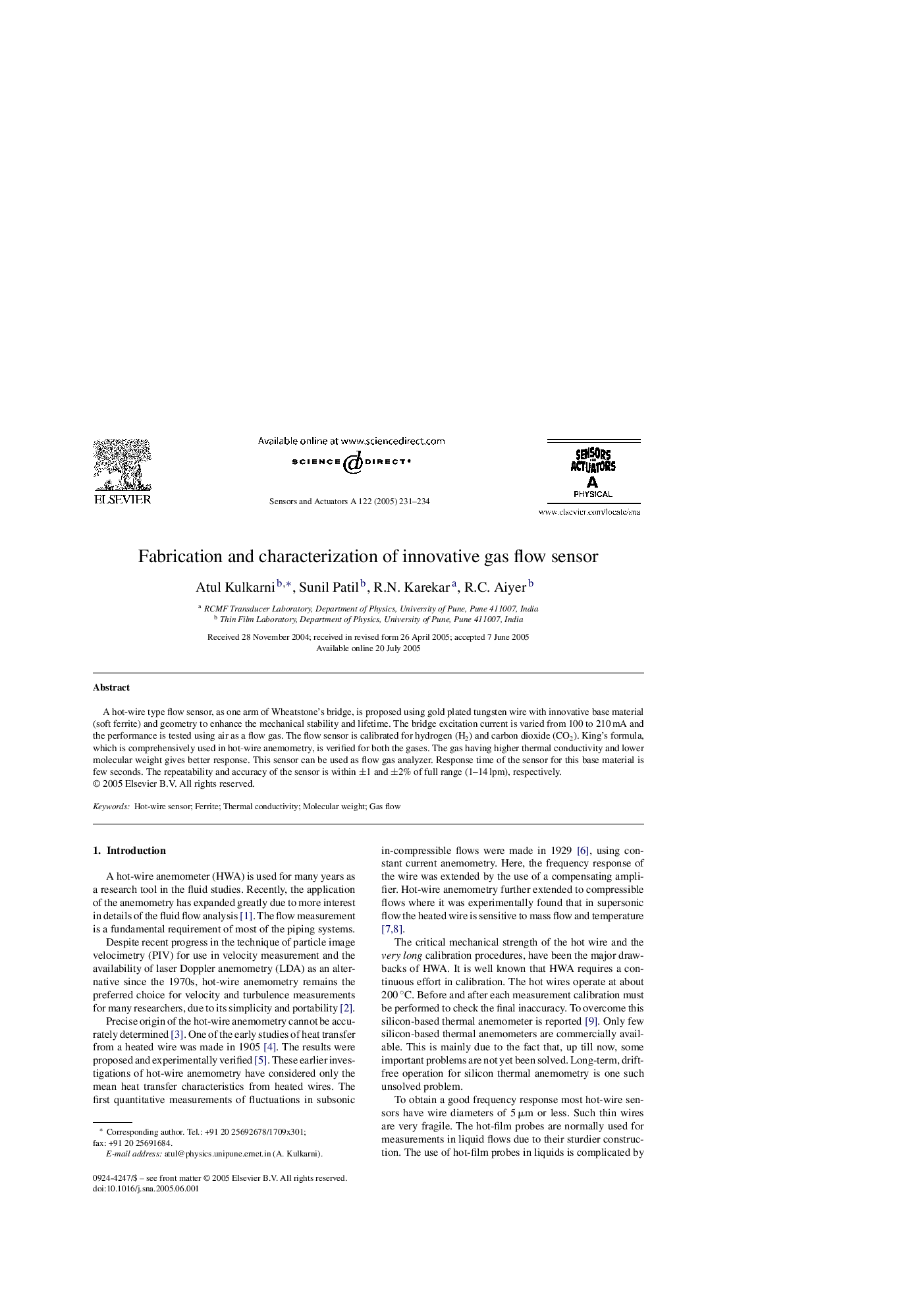 Fabrication and characterization of innovative gas flow sensor