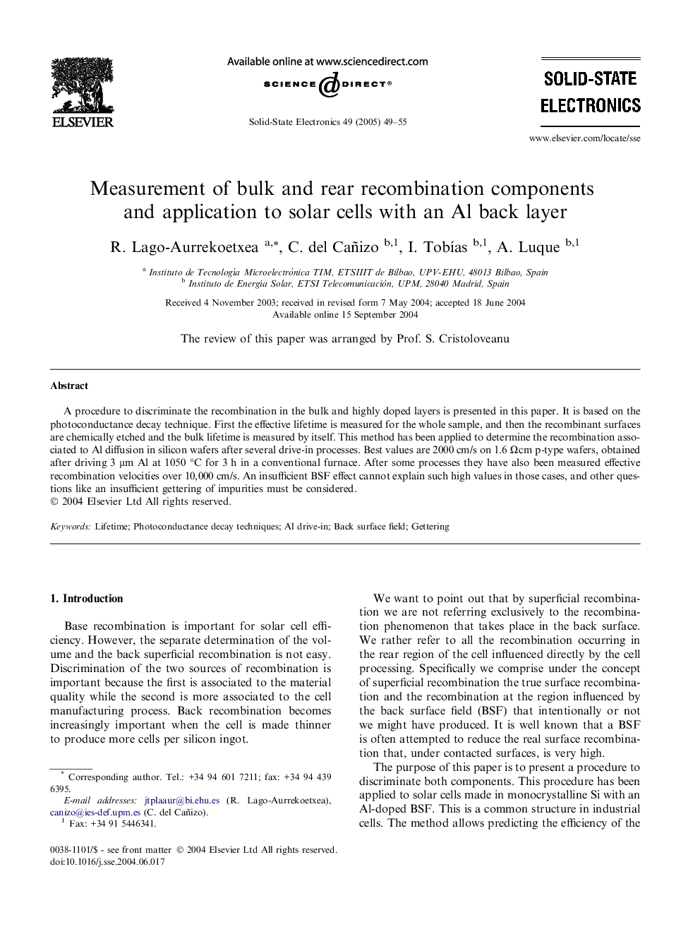 Measurement of bulk and rear recombination components and application to solar cells with an Al back layer