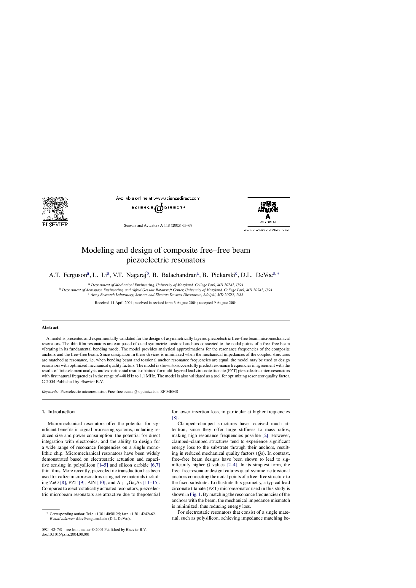 Modeling and design of composite free-free beam piezoelectric resonators