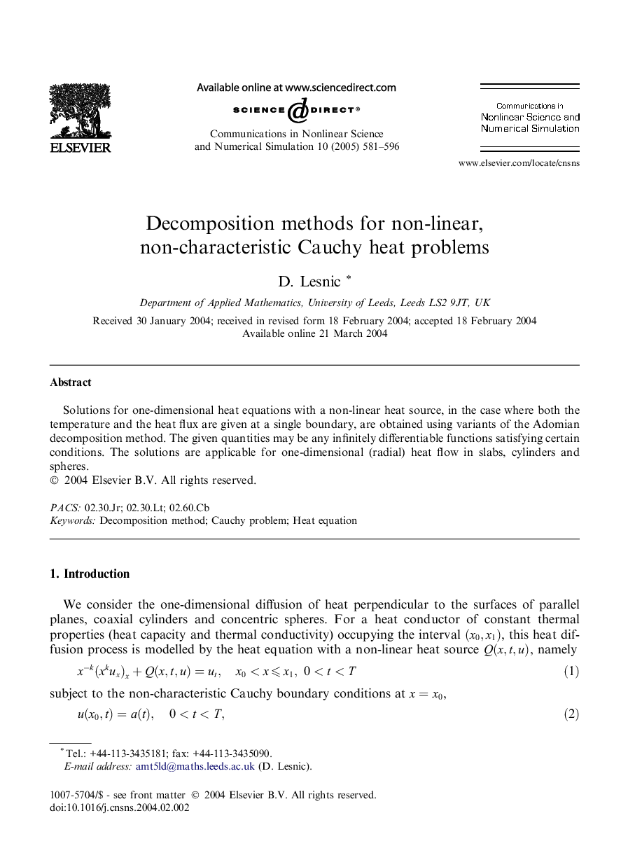 Decomposition methods for non-linear, non-characteristic Cauchy heat problems