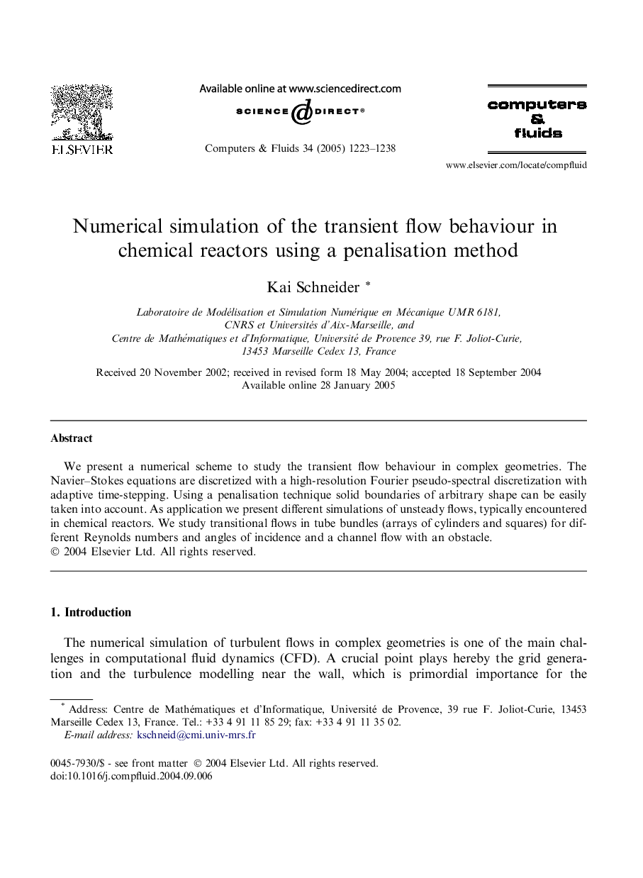 Numerical simulation of the transient flow behaviour in chemical reactors using a penalisation method