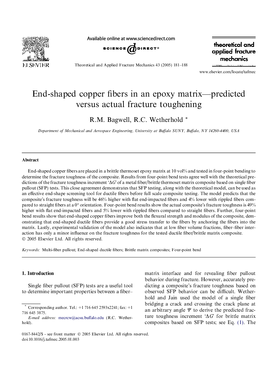 End-shaped copper fibers in an epoxy matrix-predicted versus actual fracture toughening