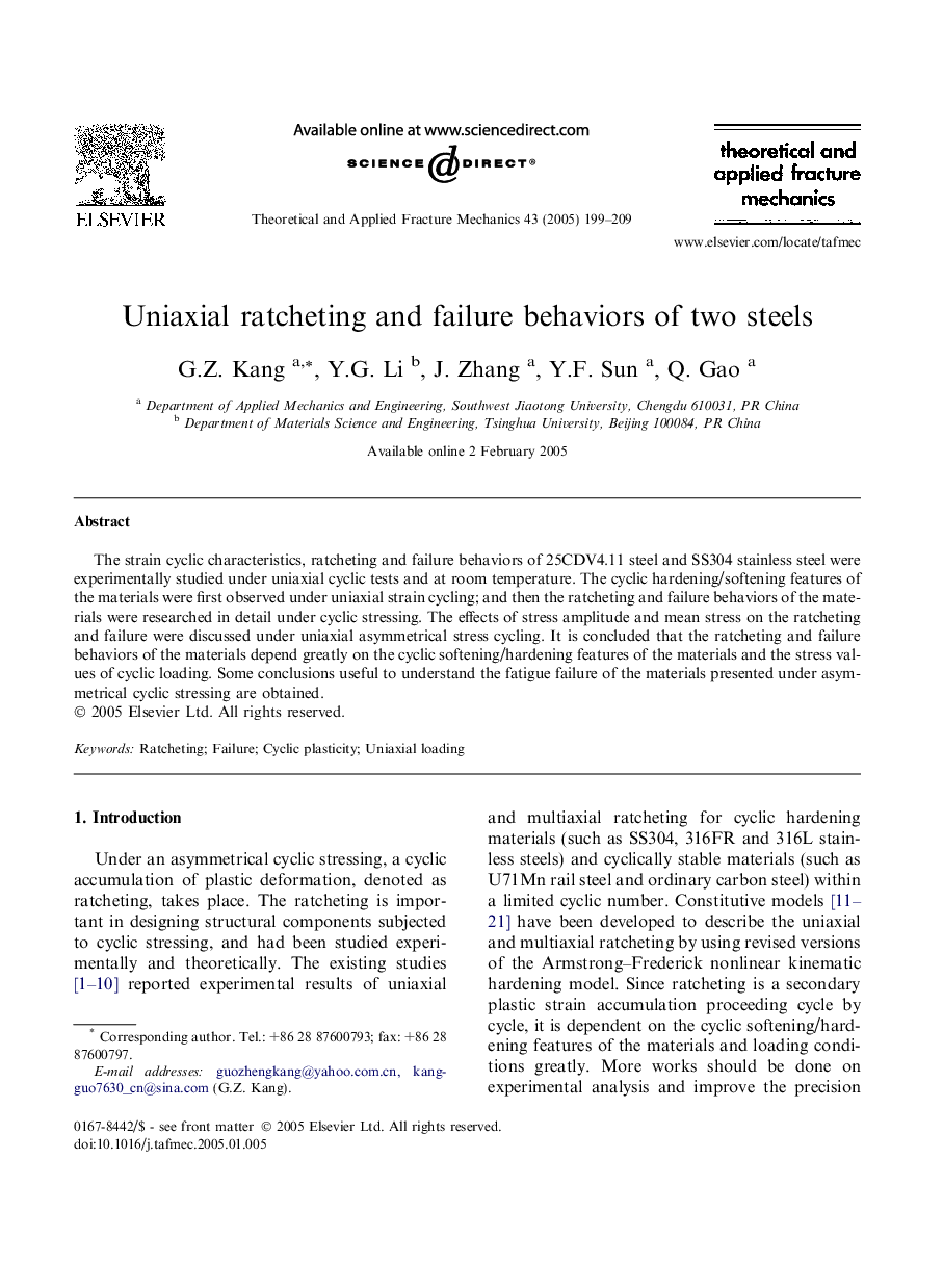 Uniaxial ratcheting and failure behaviors of two steels